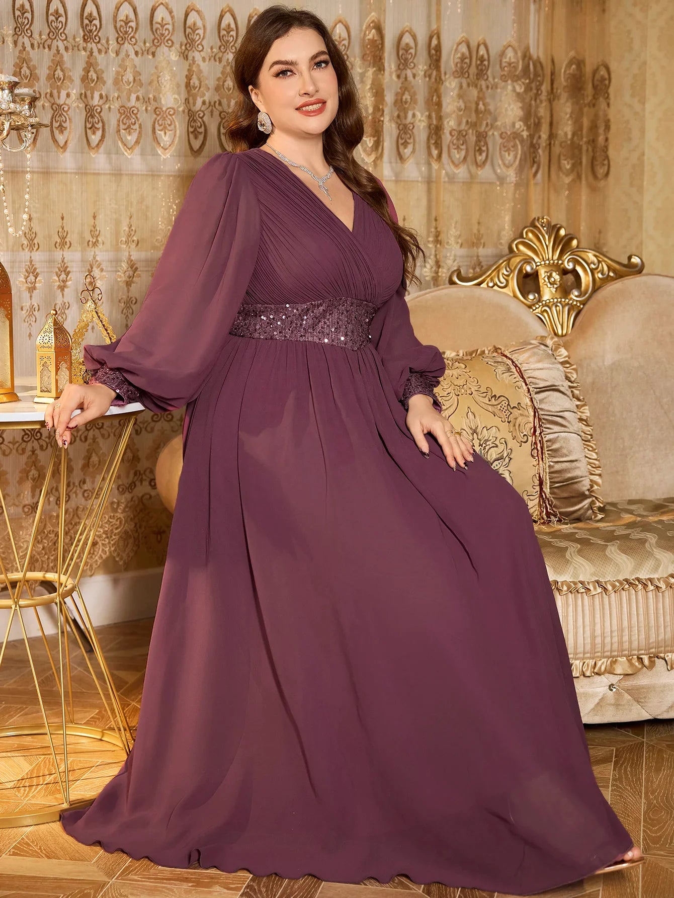 Plus Size V-Neck Sequin Panel Splice Chiffon Evening Dress Women's Elegant Glitter Gown for Formal Occasions