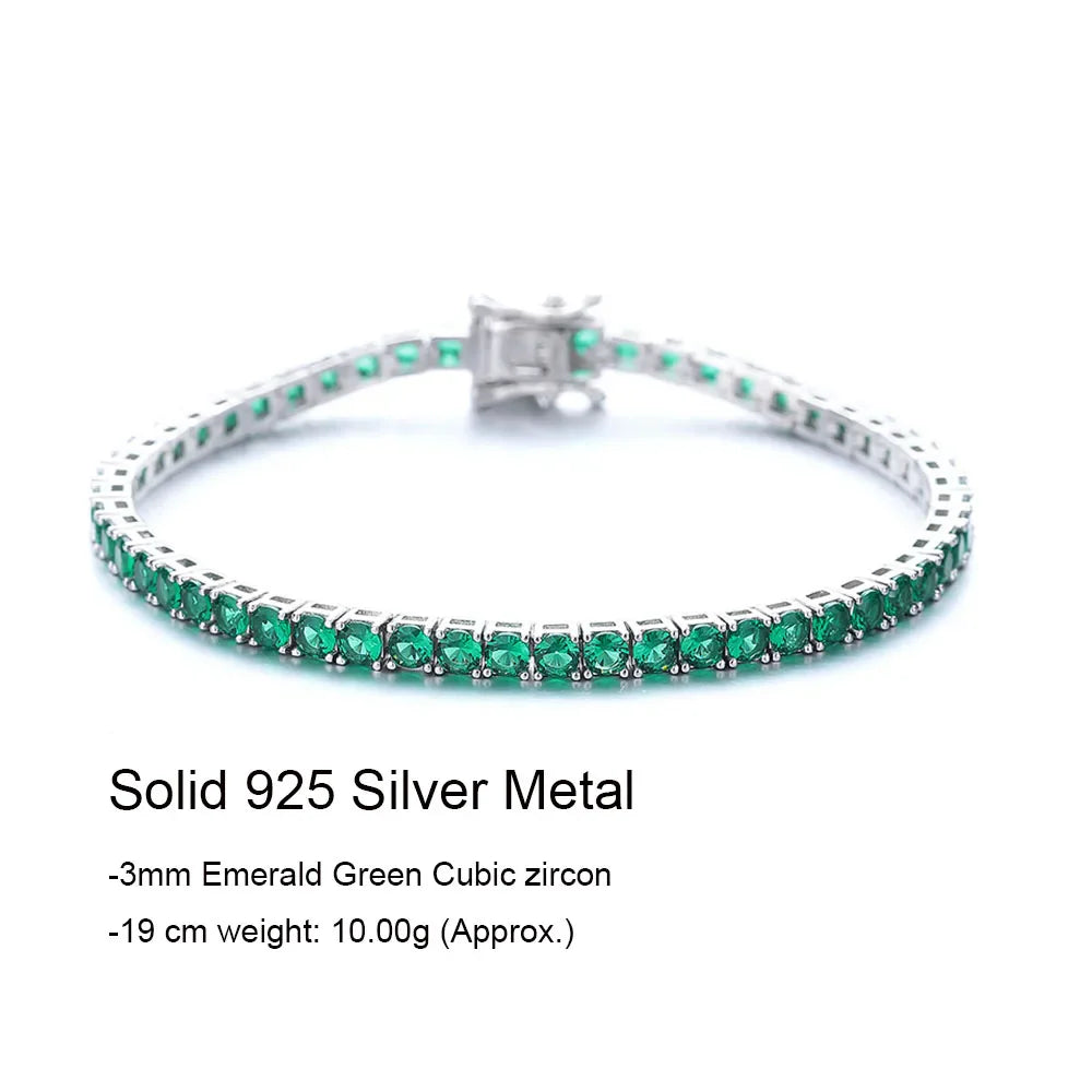 Fine Jewelry Pave 3MM Emerald Green Cubic Zircon Hip Hop Rock Chain For Women/Men Real 925 Silver Metal Tennis Bracelet