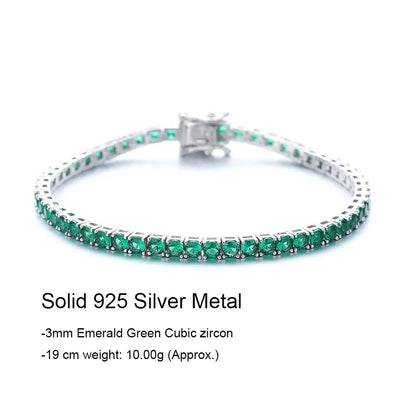 Fine Jewelry Pave 3MM Emerald Green Cubic Zircon Hip Hop Rock Chain For Women/Men Real 925 Silver Metal Tennis Bracelet