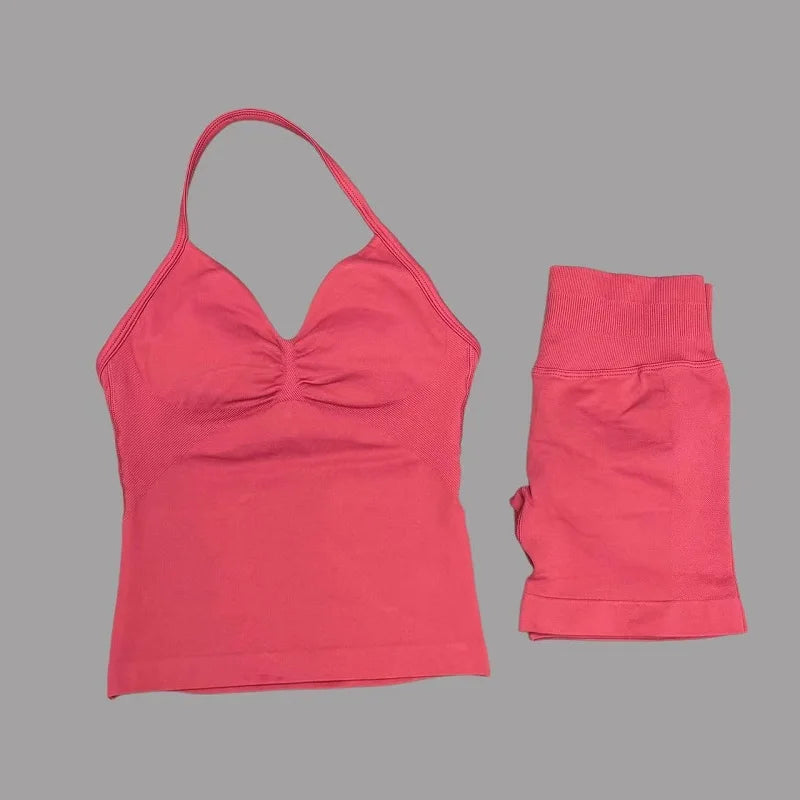 2 Piece Sports Set Women Seamless Yoga Tank With Removable Pads Top Scrunch Butt Workout Leggings Suit Gym Sports Sets