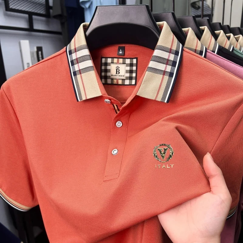 High end brand men's short sleeve polo shirt summer new letter emboss lightweight breathable fashion color blocked lapel T-shirt