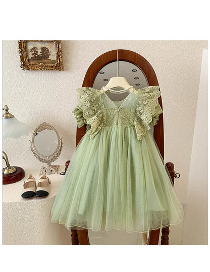 Kid Girl Elegant Light Green Dress for Children Intricate Lace Flutter Sleeves and Voluminous Sparkling Tulle Skirt Summer