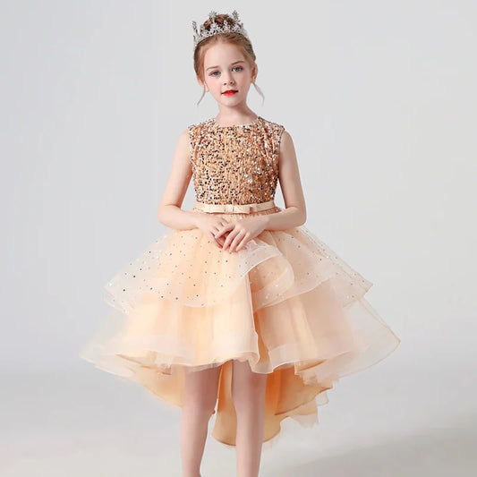Summer Sequin Lace Tuxedo Wedding Dress for girls 3-13 years old Sleeveless fluffy Mesh gauze Doveark brand