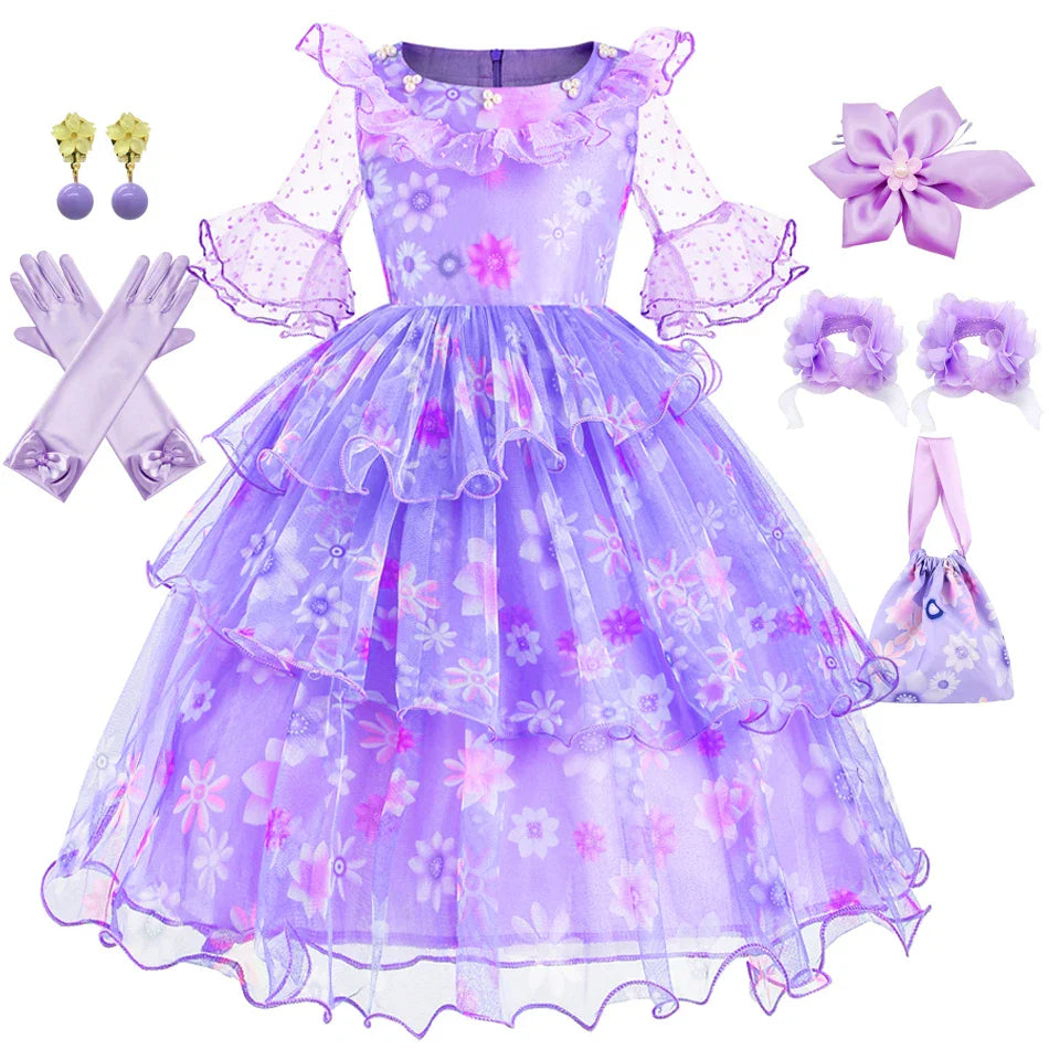 Encanto Isabela Costume Dress For Kids Girl Flare Sleeve Princess Dress Fiower Gown Halloween Christmas Birthday Party Outfits