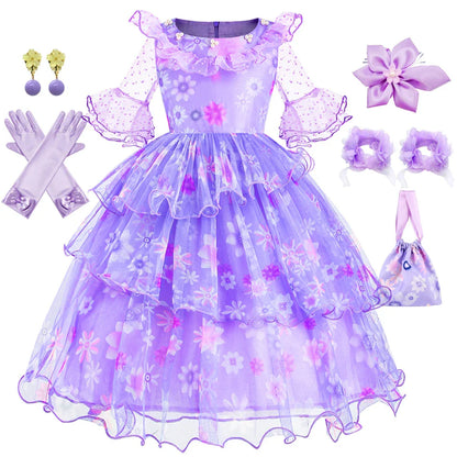 Encanto Isabela Costume Dress For Kids Girl Flare Sleeve Princess Dress Fiower Gown Halloween Christmas Birthday Party Outfits