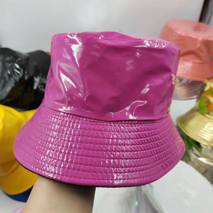 Colorful Shiny Leather Two Sided Fisherman Hat Women's and Men's Hip Hop Summer Sunshade Hat Foldable Bucket Hat