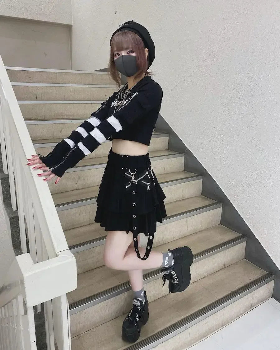 Japanese Style Mine Harajuku Punk Metal Buckle with Packet Decorative Ruffled Short Skirt Sweet Cool Girl Women's Plaid Skirt