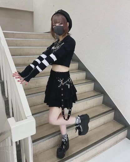 Japanese Style Mine Harajuku Punk Metal Buckle with Packet Decorative Ruffled Short Skirt Sweet Cool Girl Women's Plaid Skirt