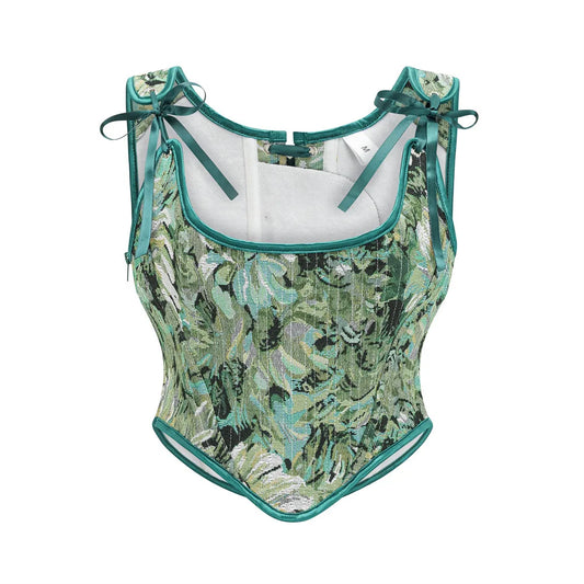 Green Floral Pattern Sexy Overbust Corset Top Women Vintage Bustiers & Espartilhos Steampunk Clothes Gothic Burlesque Costume