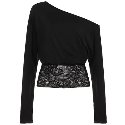 Elegant Off-Shoulder Lace-Trimmed Waist-Defining Top Retro Streetwear Solid Long-Sleeve T-Shirt For Women Spring-Summer