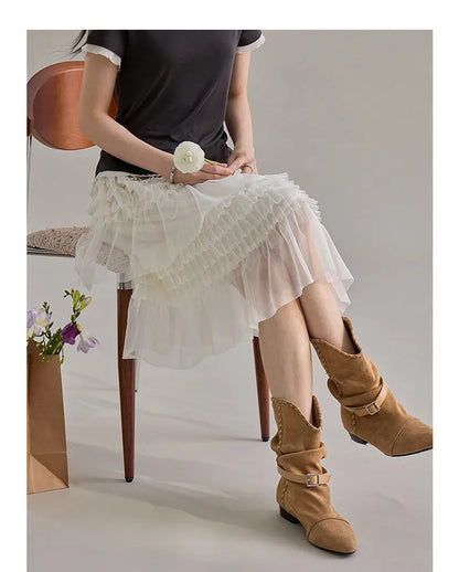 Korean Style Lace Elastic Waist Cake Skirt Mesh Puffy Skirt Women's Dress Knee Length Casual A-Line Skirt Micro Stretch No Slit