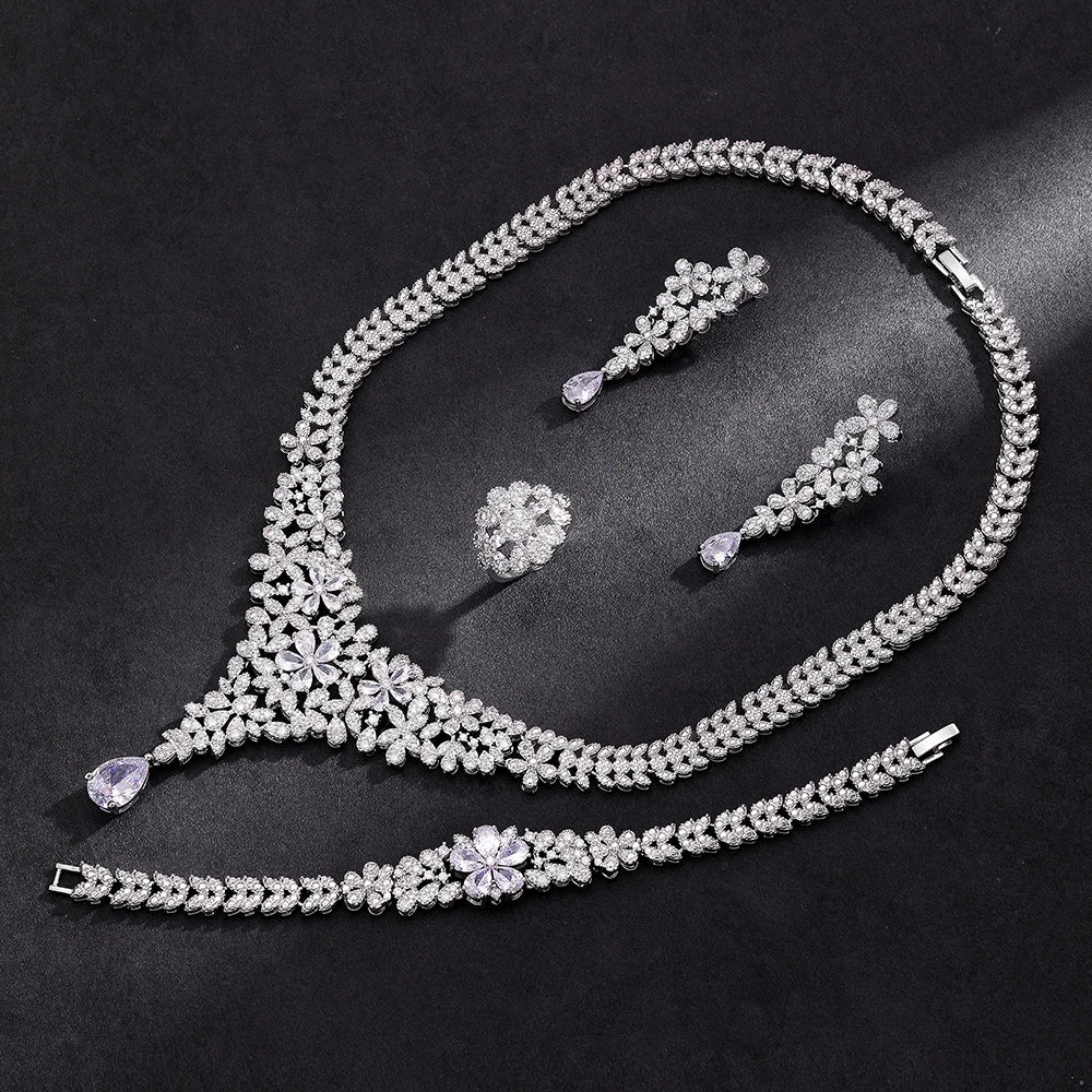 Luxury 4 Pieces Bridal Wedding Jewelry Set for Women Sparkling Cubic Zirconia Nigeria Bride Accessories
