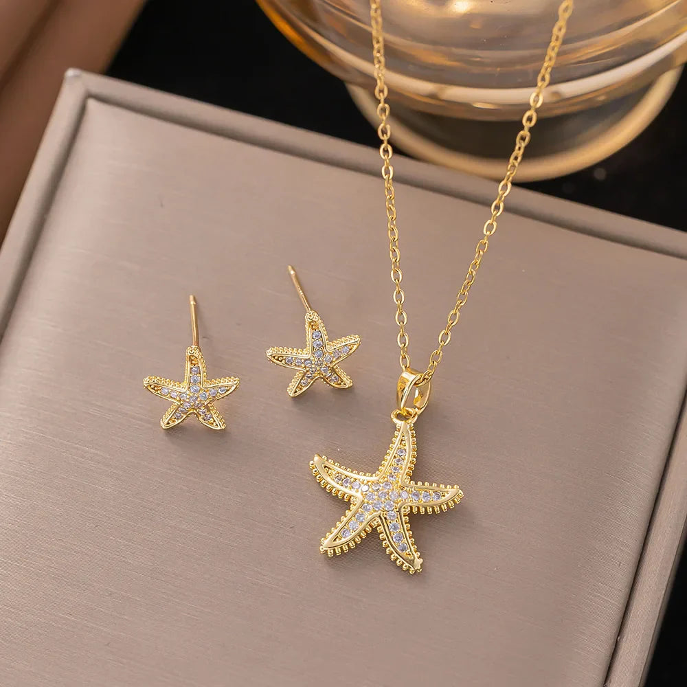 Stainless Steel Golden Inlaid Zircon Starfish Ocean Style 2pc Necklace Earrings Set Lady Fashion Waterproof Jewelry