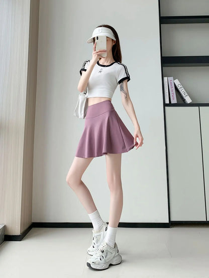 Women Summer Fake Two Pieces Sports Skirt Anti-Chafing Anti-Slip Tennis Badminton Yoga Skirt Pleated White Mini Skirt  Running