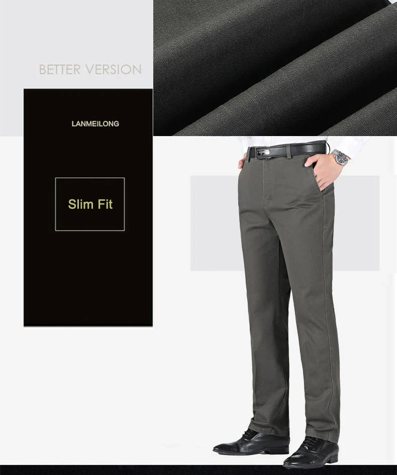 Men's 100% Cotton Summer Autumn Casual Pants Fashion Solid Black Khaki Gentle Thicken Trousers Brand Smart Suit Pant GOZBKF