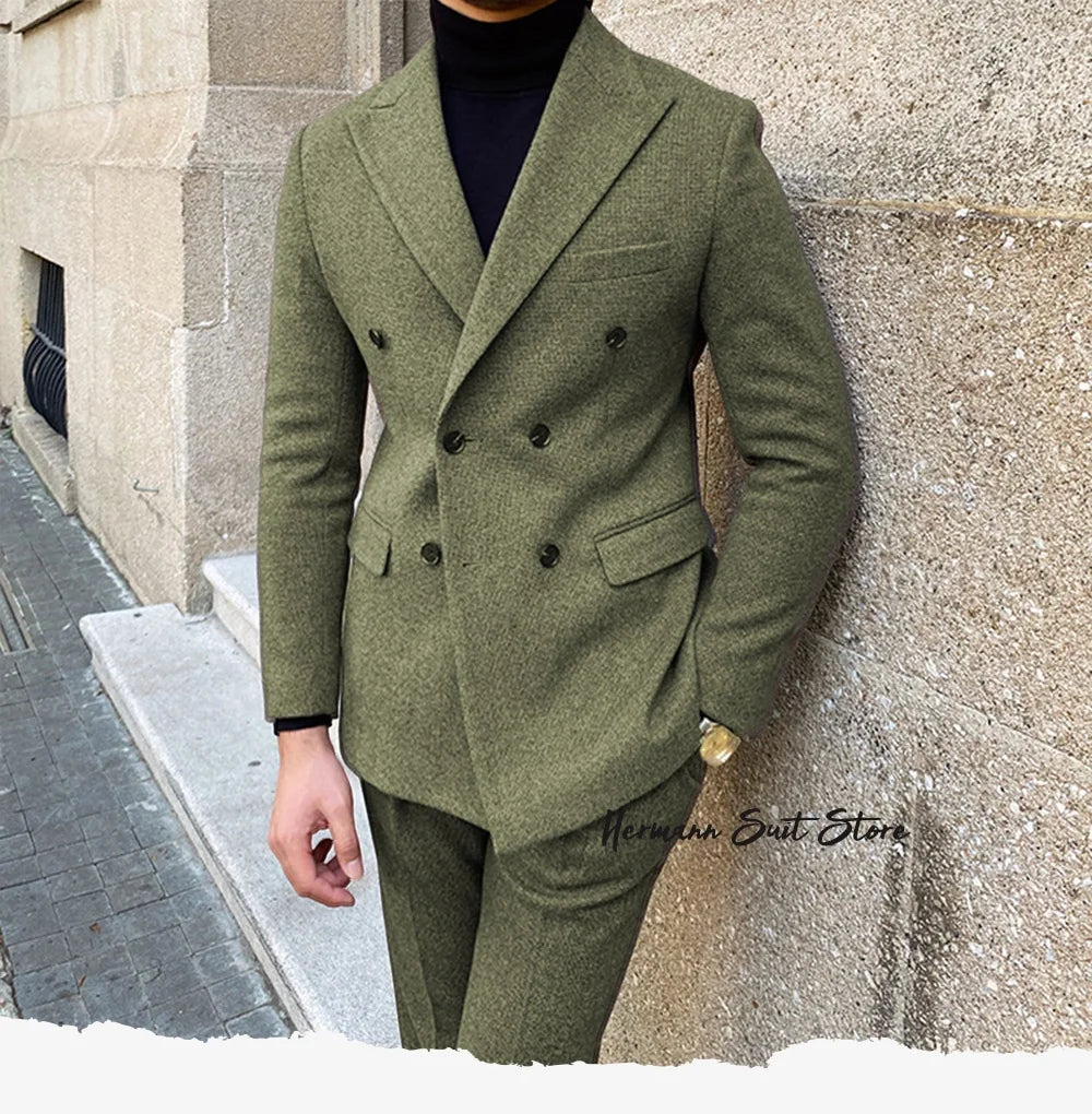 Wool Blend Men's 2 Piece Suit Set（Jacket+Pants) Double Breasted Lapel Suit Set Wedding  Prom Dinner Wrok Travel Dinner Banquet