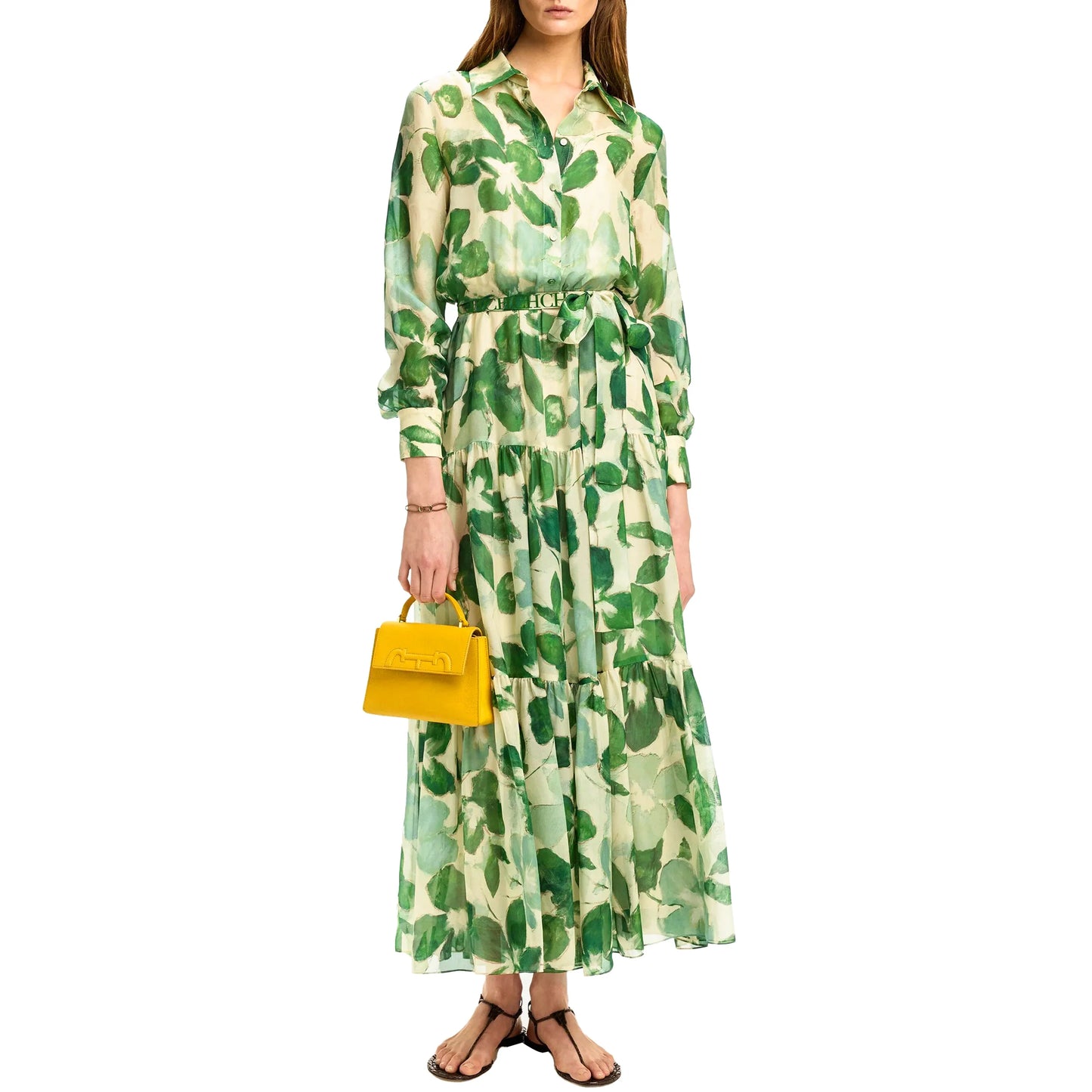 Dresses Women's New Belted Chiffon Print V-neck Chic Slim Long Dress Fashion Elegant Holiday Street Women's Dress