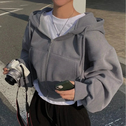 Korean Hood Shirt Women Fashion Fleece Lined Loose Hoodies Zipper Long Sleeve Crop Tops Harajuku Female Jackets Coats Sweatshirt