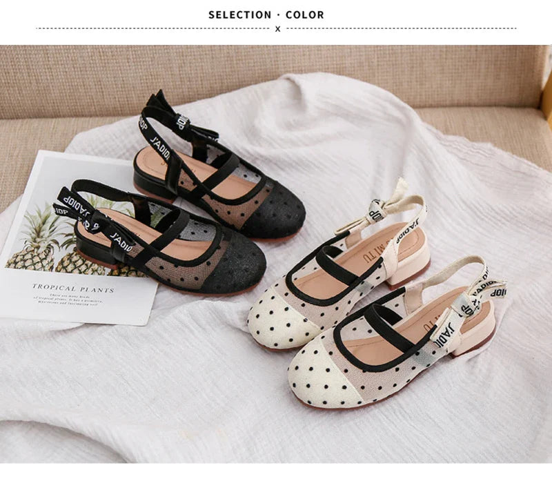 Mesh Black White Polka Dot Shoes Sandals for Girls with Heels Mules Sling Back Shoes for Girls Luxury Shoes for Girls To Dress