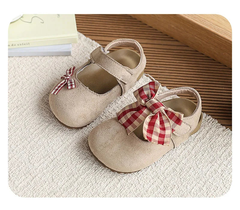 New Summer Kids Baotou Sandals 23-34 Size Sweet Checkered Bow Girls Princess Shoes Soft Sole Children Nude Shoes