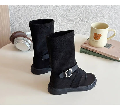 Summer Princess Long Pipe Boots Roman Sandals for Kids Girl Brand Design Ankle Strape Stretch-Satin Flip Flop Girls Shoes I06242