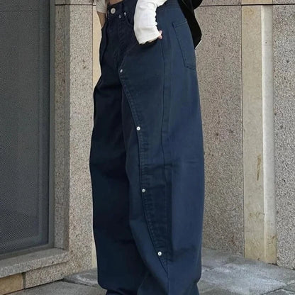 Jeans for Woman Y2k Clothes Relaxed Loose Fit Wide Leg Trousers Vintage American Retro Style with Rivet Patchwork Split Design