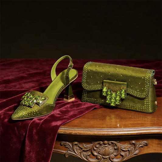 Italian Design Olive Green rhinestone Pointed-Toe Women's High Heels & Matching Bag Set - Ideal for Parties & Weddings