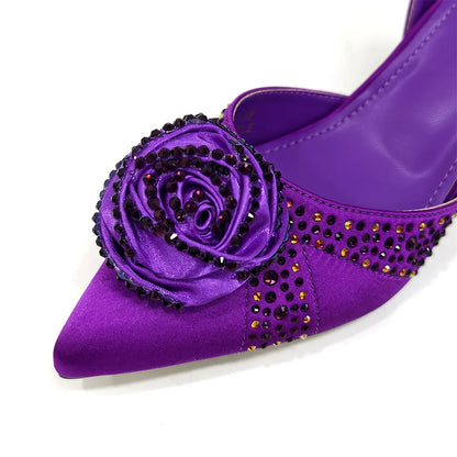 Sparkling Rhinestone Rose Pumps With Medium Heel for Nigerian Women's Party, Pointed Toe Shoes and Matching Bags