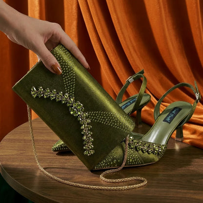 2026 Italian Inspired Coffee Pointed Toe High Heels Matching Handbag Set  COMFORT INCLUDED Elegant Wedding Party Shoes for Women