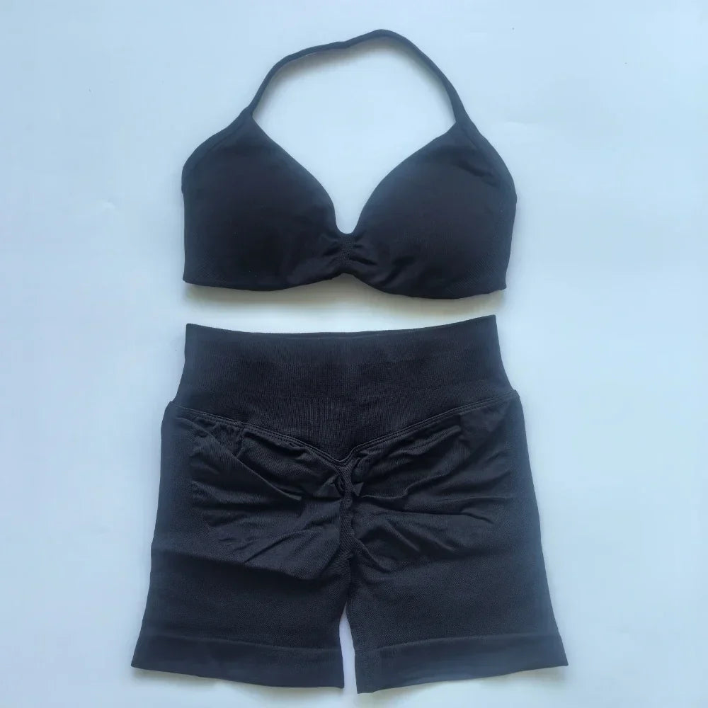 NO LOGO 2PCS Gym Set Women Strappy Yoga Bra Top High Waist Workout Scrunch Shorts Sports Suit Seamless Yoga Set Fitness Clothes
