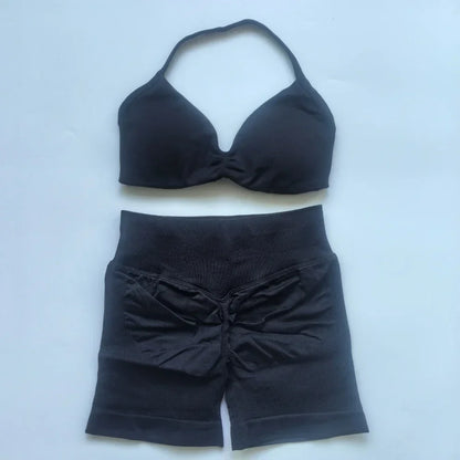 NO LOGO 2PCS Gym Set Women Strappy Yoga Bra Top High Waist Workout Scrunch Shorts Sports Suit Seamless Yoga Set Fitness Clothes