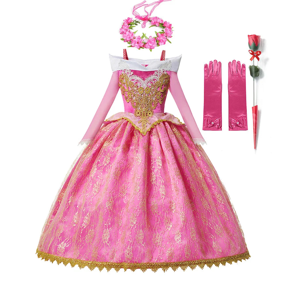 Luxury Girls Princess Costume Ball Gown Dress Fancy Birthday Carnival Party Off Shoulder Golden Applique Children Outfits Dress