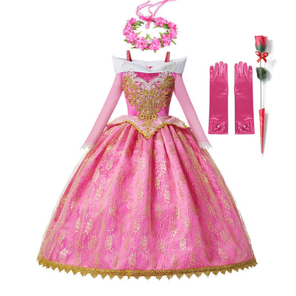 Luxury Girls Princess Costume Ball Gown Dress Fancy Birthday Carnival Party Off Shoulder Golden Applique Children Outfits Dress