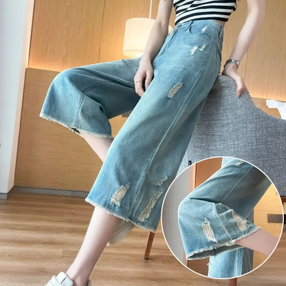 Retro Hole Straight Leg Denim Jeans Women