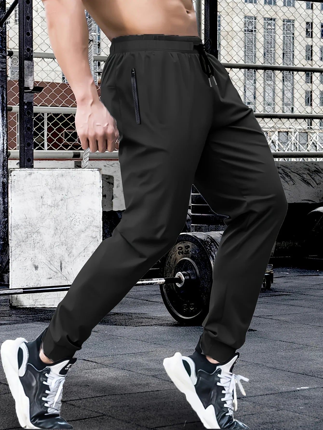 Men's waist drawstring quick drying high elasticity solid color sports training outdoor pants with zipper pocket