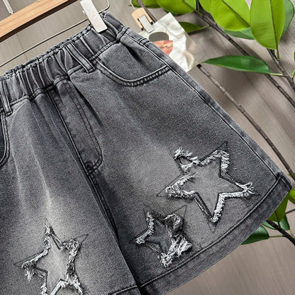 L-6XL Plus Size Denim Shorts For Women Summer 2025 High Waist Black Loose Wide Leg Short Jeans Women Star Large Size Short Jeans