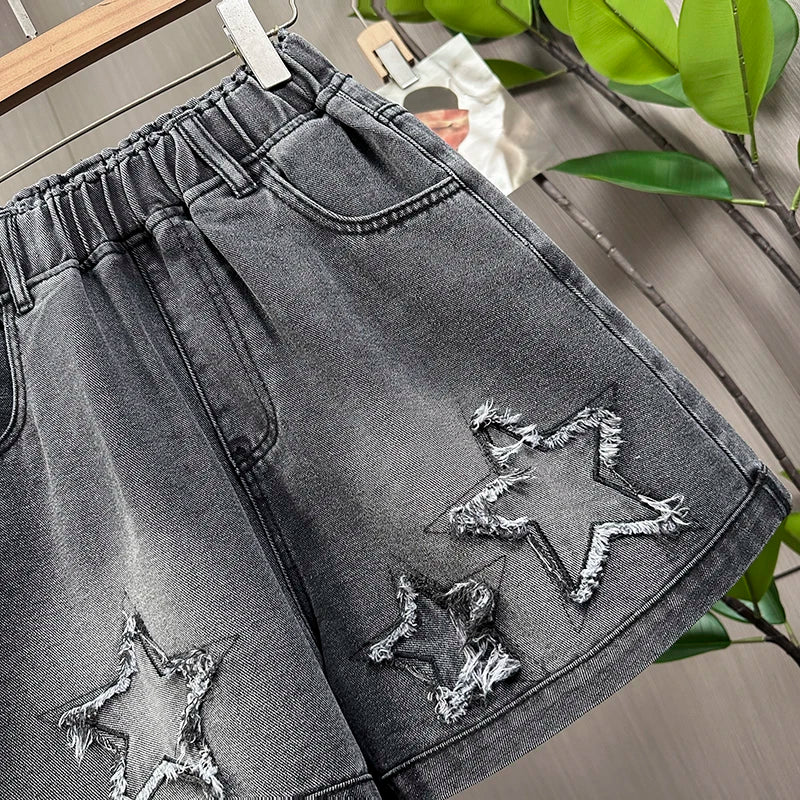 L-6XL Plus Size Denim Shorts For Women Summer 2025 High Waist Black Loose Wide Leg Short Jeans Women Star Large Size Short Jeans