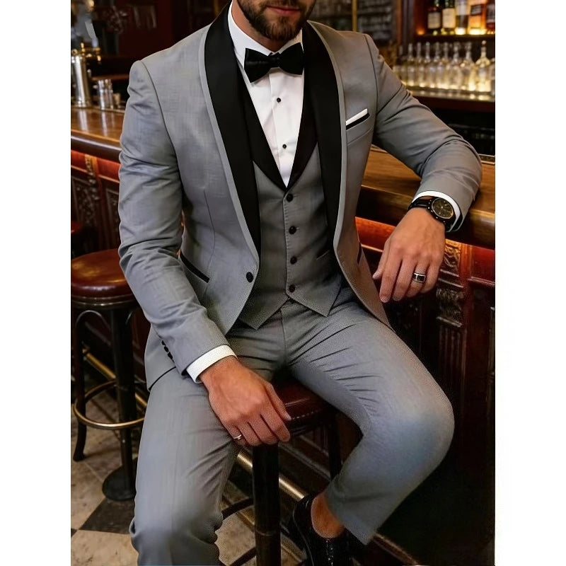 Men'S Blue Fruit Collar Three-Piece Formal Suit Set Shoulder-attached Collar Formal Wedding And Ball Suit Set