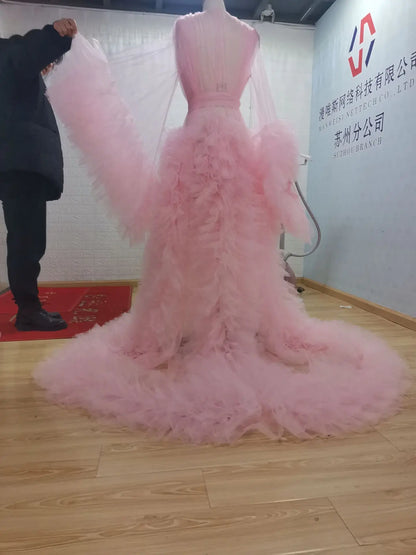 Unique Prom Dresses Custom Made Tulle Maternity Robes Women Photoshoot Evening Gowns Fluffy Tiered Tulle Robe Formal Party Dress