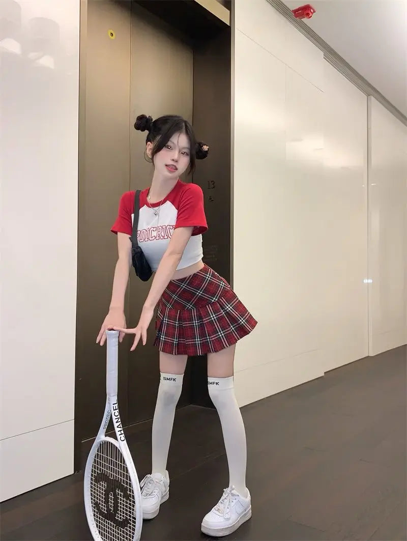 Summer 2024 Vintage Korean Style High Waist Patchwork A-line Mini Skirt Harajuku Preppy Fashion Plaid Pleated Skirt Red Women