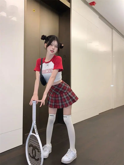 Summer 2024 Vintage Korean Style High Waist Patchwork A-line Mini Skirt Harajuku Preppy Fashion Plaid Pleated Skirt Red Women