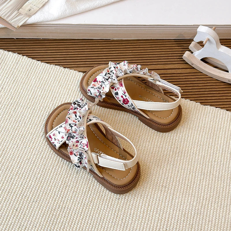 Summer Girl's Sandals Open Toe Flower Hook-loop Chic Kid's Flat Shoe Solid Colors Light Comfy Casual Daily Children Shoes 23-33