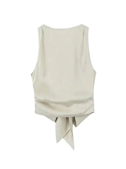 Women Sexy Fashion With Tied Satin Back Open Crop Blouses O Neck Sleeveless Female Shirts Blusas Chic Tops