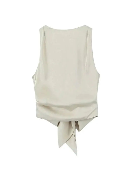 Women Sexy Fashion With Tied Satin Back Open Crop Blouses O Neck Sleeveless Female Shirts Blusas Chic Tops