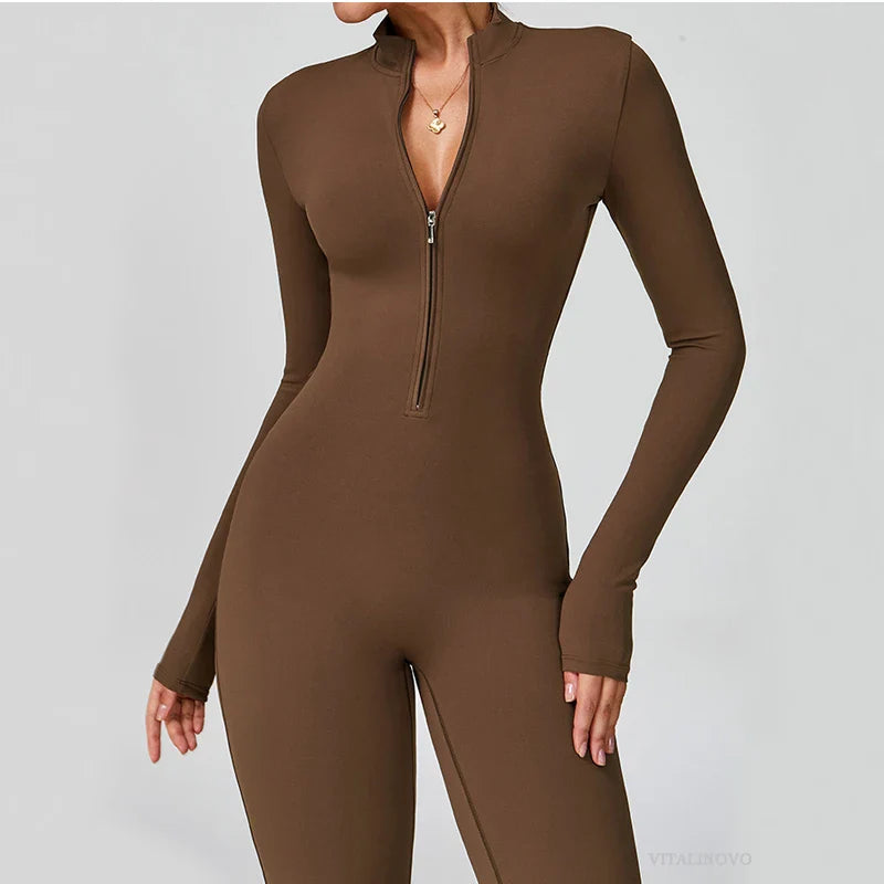 VITALINOVO Women Long Sleeve Flare Workout Jumpsuit Zip Up Romper Bottom Pants Wide Leg Full Length Bodysuit Bodycon One Piece