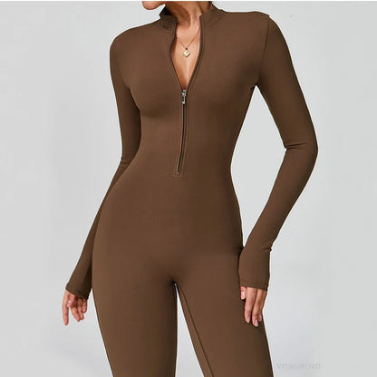 VITALINOVO Women Long Sleeve Flare Workout Jumpsuit Zip Up Romper Bottom Pants Wide Leg Full Length Bodysuit Bodycon One Piece
