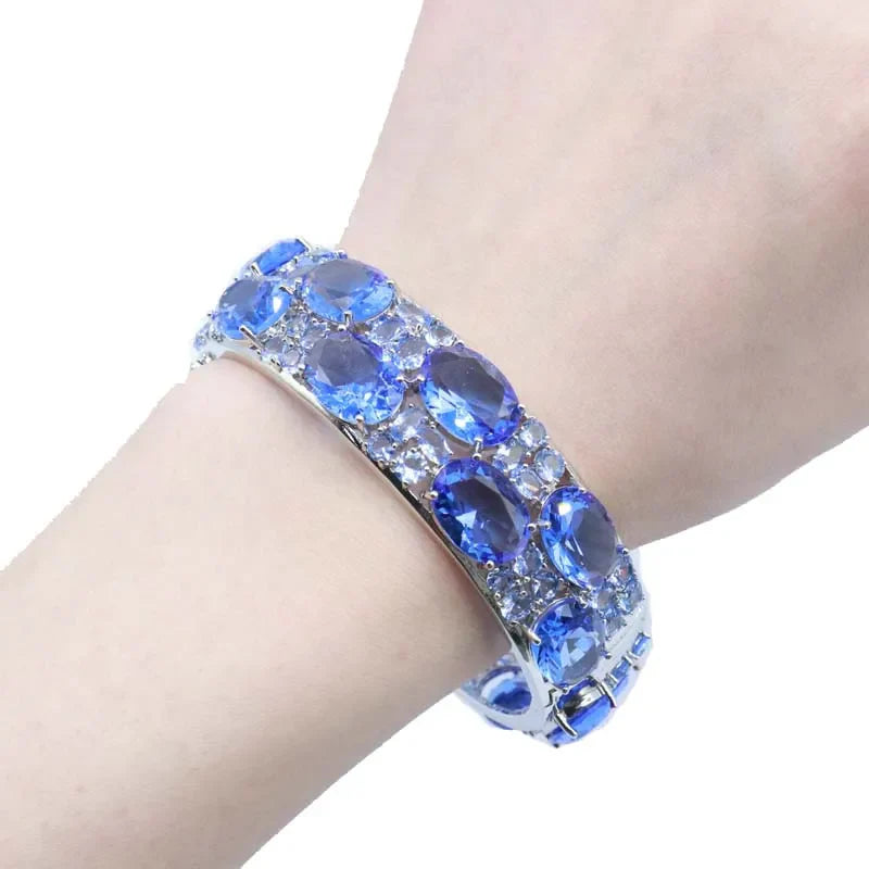 24x20mmEye Catching 51.2g Big Size Pink Kunzite Blue Aquamarine Violet Tanzanite Iolite Silver Bangle Bracelet 7.5inch
