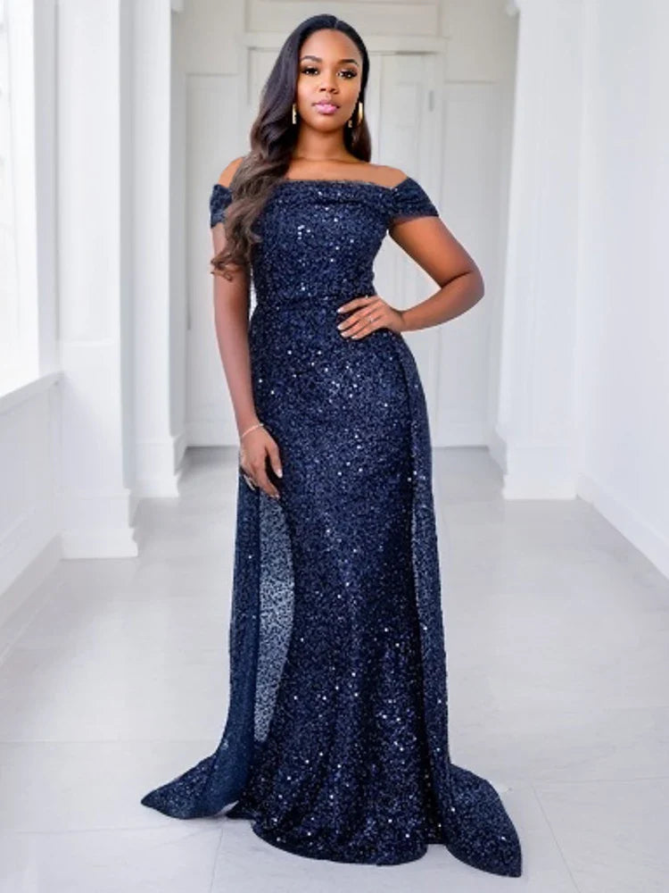 Navy Blue Slash Neck Off Shoulder Prom Gown Sequin Detachable Train Mermaid Evening Party Dresses Cocktail Dress 2025