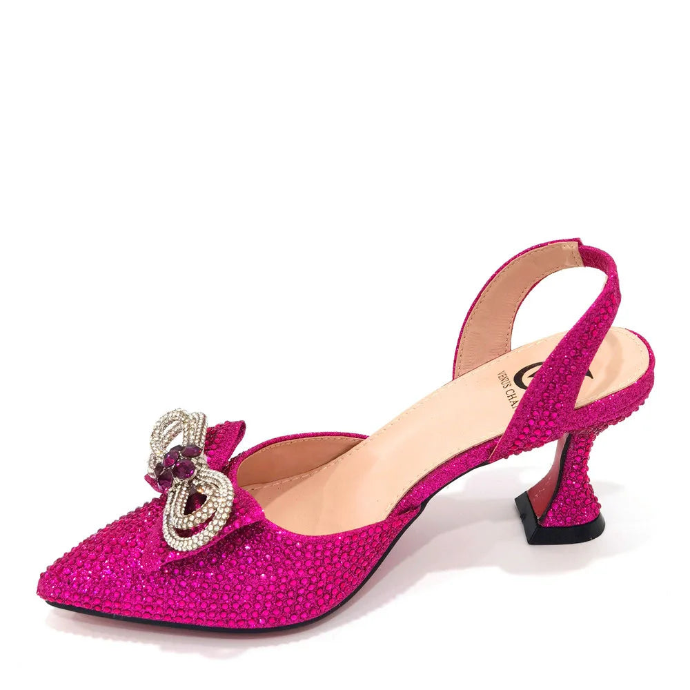 Italian Design African Women's High Heel Pointed Toe Sandals Party Wedding Party Fuchsia Color Shoes and Bags Set