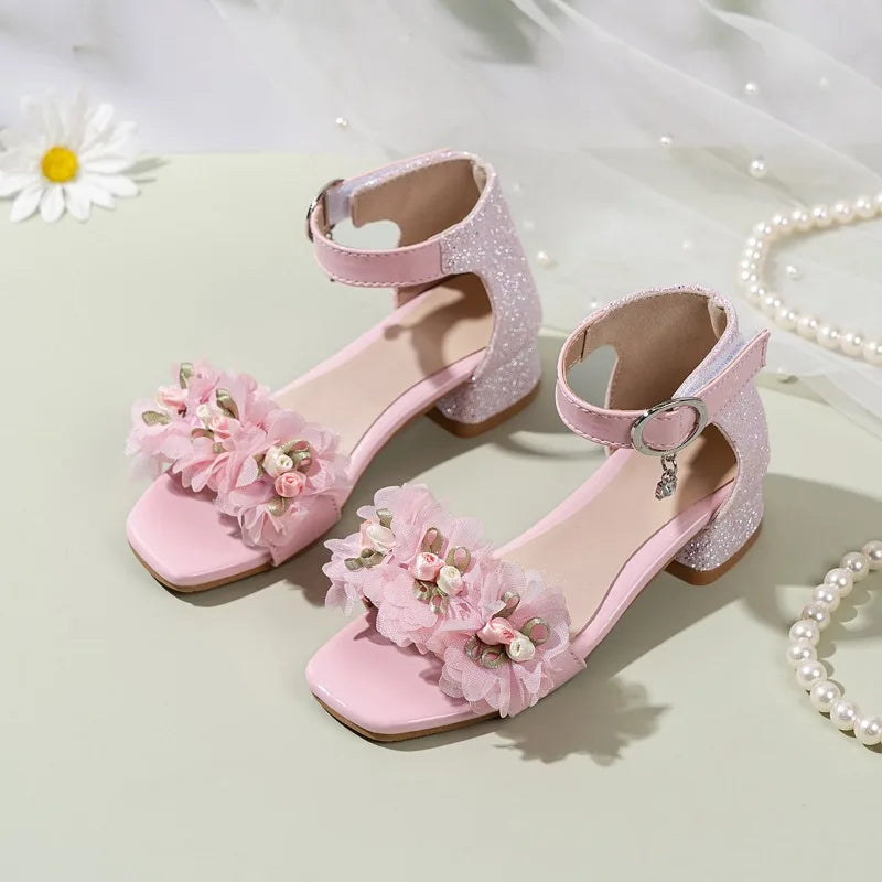 2026 Summer Kids Elegant Sandals New Sequins Girls Catwalk Shoes for Wedding Party Fashion Flower Children's Princess High Heels